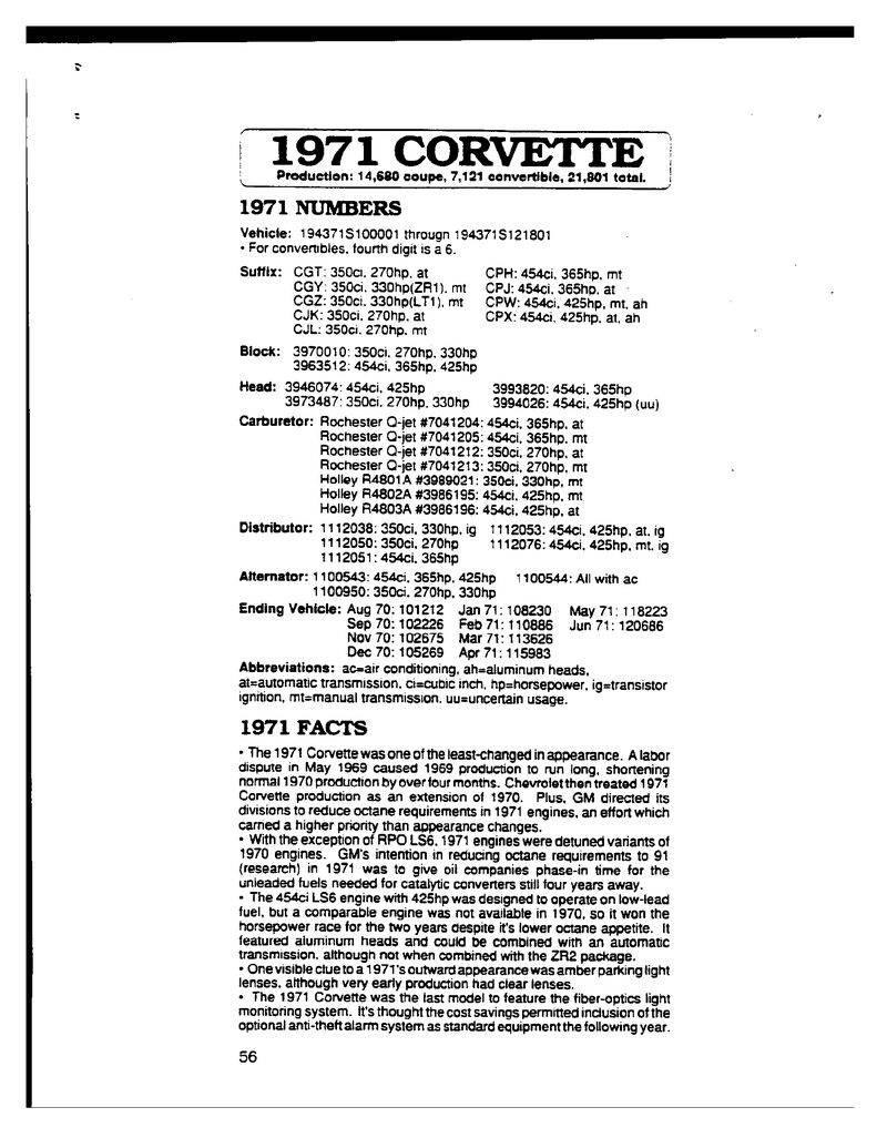 Summary page from the 1971 Corvette specification manual listing numbers, options and colors