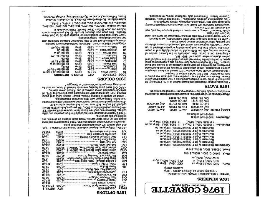 Summary page from the 1976 Corvette specification manual listing numbers, options and colors