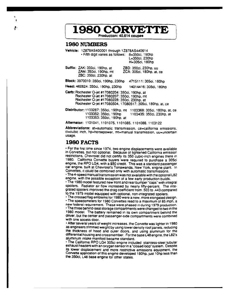 Summary page from the 1980 Corvette specification manual listing numbers, options and colors