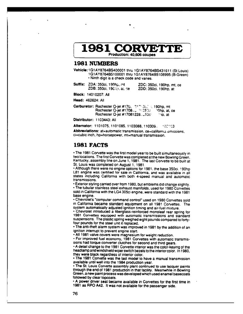 Summary page from the 1981 Corvette specification manual listing numbers, options and colors